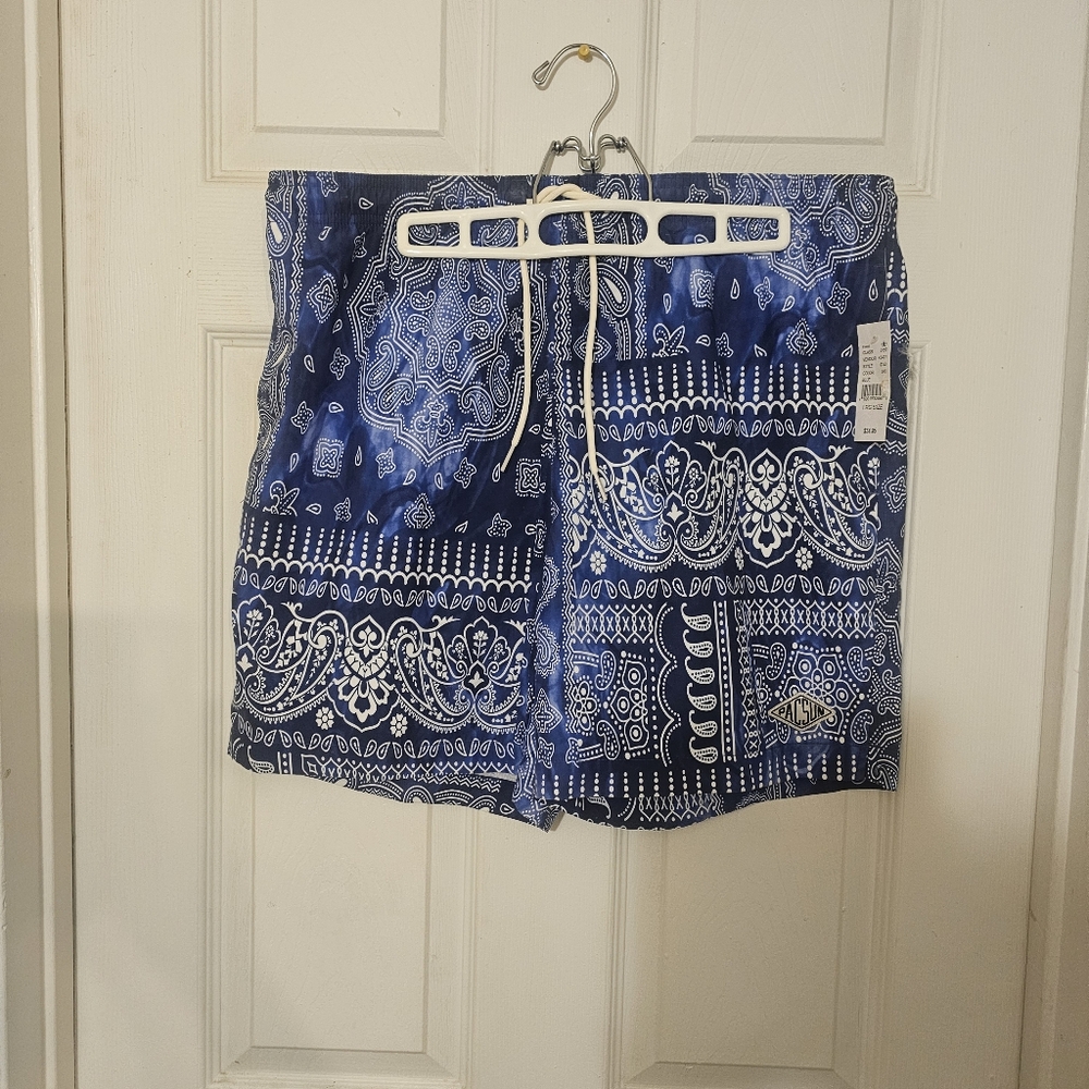 NWT Men's PacSun Blue and White Bandana Print Swim Shorts With Back Pocket